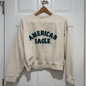American Eagle Outfitters XS Cream Crew Neck Sweater with Fuzzy Lettering